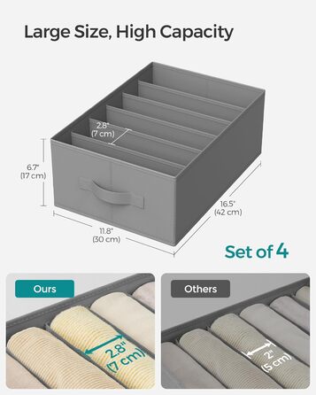 SONGMICS Set of 4 Drawer Organizers, 6 Compartments, Closet Organizer, Foldable, Clothes Organizer, 16.3 x 12.1 x 7 inches, for Pants, Clothing, Dove Gray, URUS009G04