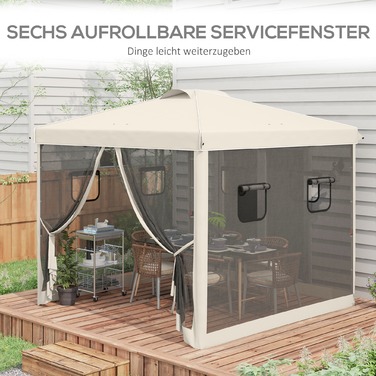 Outsunny Folding Gazebo 3x3m with 4 Mosquito Curtains, UV Protection, Pop-Up Design, Window & Carry Bag, Beige for Garden Parties