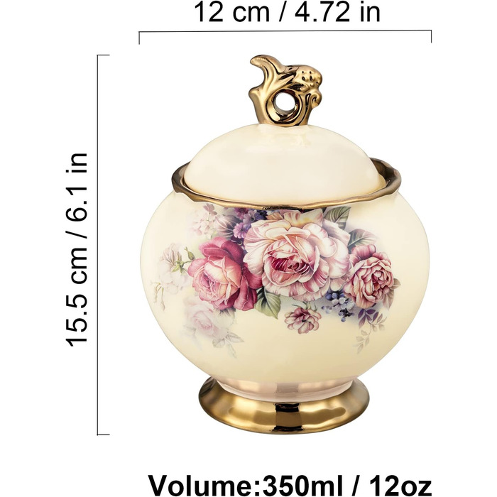 Fanquare White Porcelain Sugar Bowl with Lid, English Royal Family Sugar Pot, Rose Ceramic Sugar Bowl for Coffee Service Set