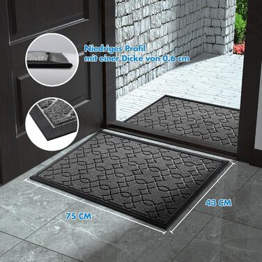 Килимок для входу Yimobra, 75 x 43 см, миючий, вологостійкий, з антиковзким покриттям, чорно-сірий