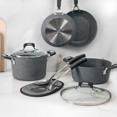 Набір посуду KASANOVA New Petra: каструлі та сковорідки з антипригарним покриттям для індукційних та газових плит, духовки до 180°C, з захистом ручок та нержавіючою ложкою