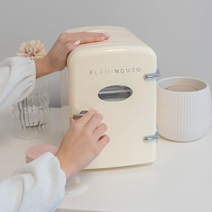 Міні-холодильник Flamingueo 4L: 12V/220V, охолодження та нагрів, для кімнати/столу, бежевий