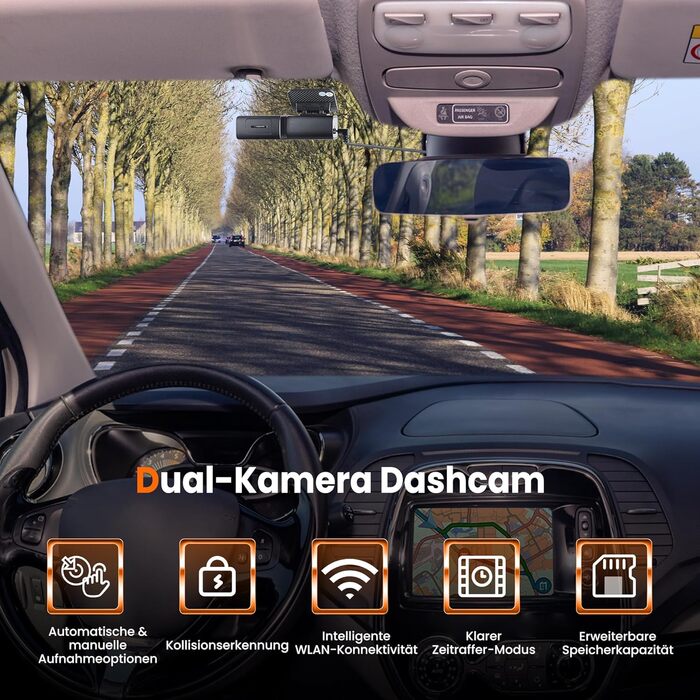 Відеореєстратор Faas Dashcam Auto Vorne & Hinten: 4K Dual, 64GB MicroSD, G-сенсор, час затримки, нічне бачення, режим паркування, циклічна запис – Чорний