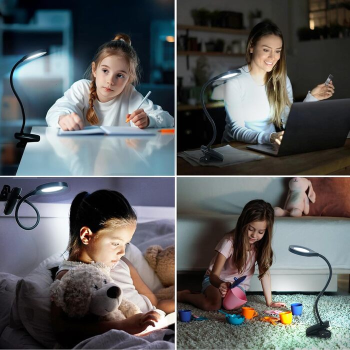 LED лампа для читання Akynite з акумулятором, 5 кольорів та 5 рівнів яскравості, кріпиться на ліжко, дитячий столик, чорна