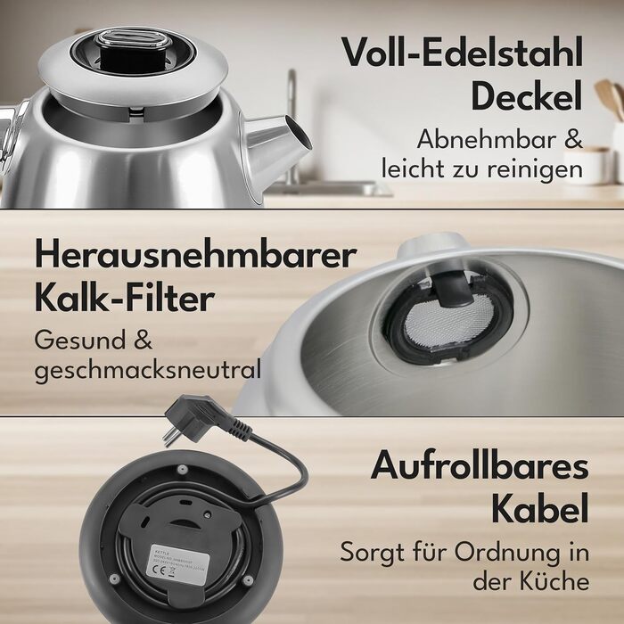 Чайник електричний LEBENLANG з нержавіючої сталі з регулюванням температури, тихий, з дисплеєм та функцією підтримання тепла - 1,7 л, 2200W, ретро без пластику