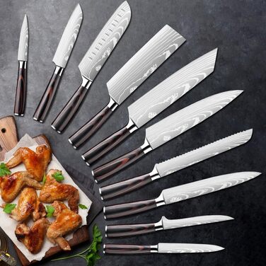 Набір ножів Dfito, 8 предметів: гострі ножі з нержавіючої сталі різних розмірів з зручними ручками. Набір кухонних ножів: гострі, стійкі до корозії, з нековзним покриттям, D8 (10 шт.)