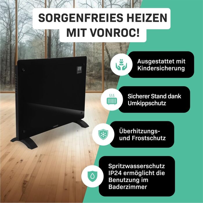 Електричний конвекторний обігрівач VONROC - 1500W, білий/чорний, для кімнат до 24м², ручне/APP керування