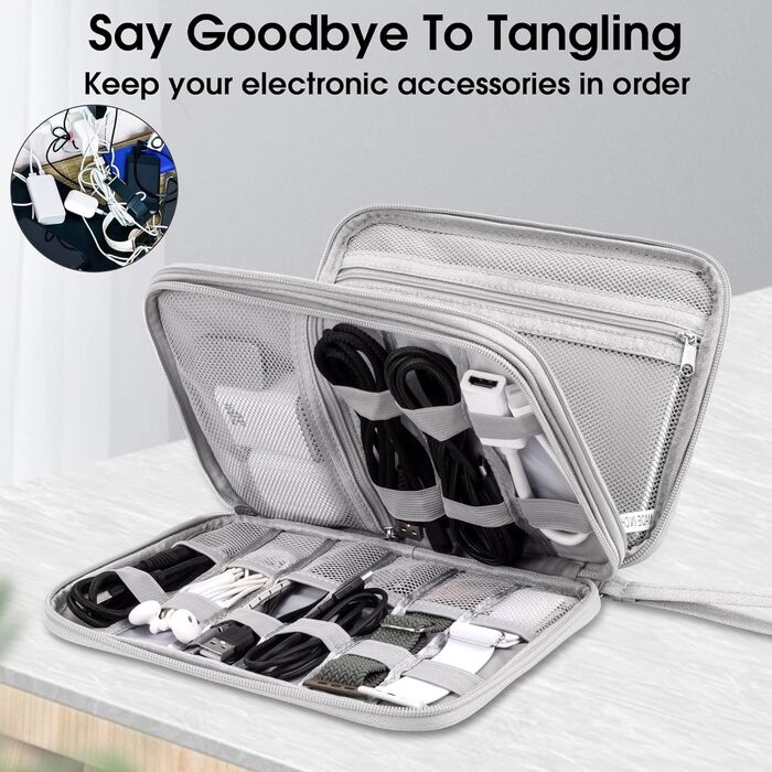 Організатор для аксесуарів Arae Elektronik: кабельна сумка, Travel Essentials, подвійний шар, для зарядних пристроїв, USB, SD картки (Синій, L) Сірий L