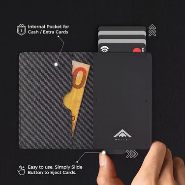 Гаманець RFID захист Stealth Wallet для чоловіків - мінімалістичний висувний картхолдер з алюмінію та шкіри (срібний/чорний, карбон/чорний)