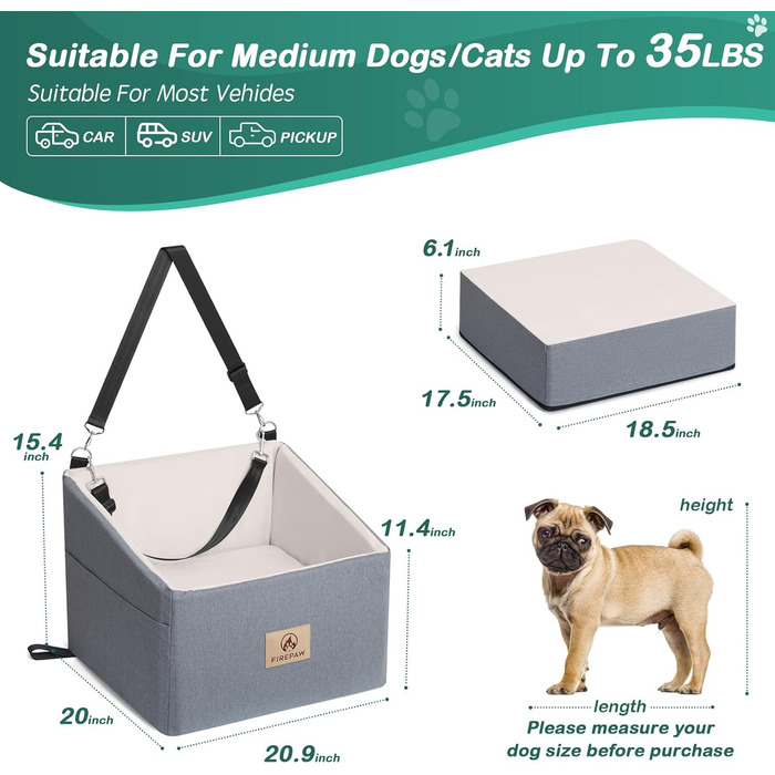 Автокрісло для собак, сіре, велике, з підняттям та кишенями для зберігання. Підходить для собак до 25 кг або 2 цуценят. Зручне для подорожей.