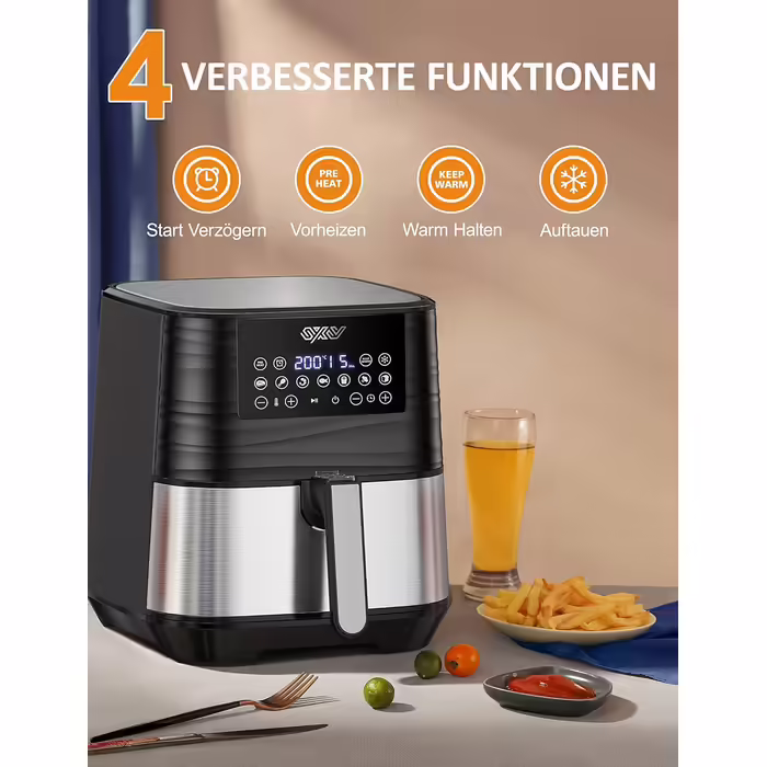 Innsky Hot Air Fryer 5.5L XXL, 1700W Hot Air Fryer with Digital LED Touchscreen and 7 Programs, Preheat & Keep Warm & Defrost, Airfryer Fryer Without Oil with Recipe Book in German Silver