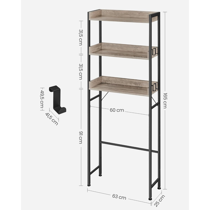 VASAGLE Toilet Shelf, 3 Tiers, Bathroom Shelf, Space-Saving, Easy to Assemble, for Laundry Room, Industrial Style, Rustic Brown and Black, BTS002B01 (Grey + Black)