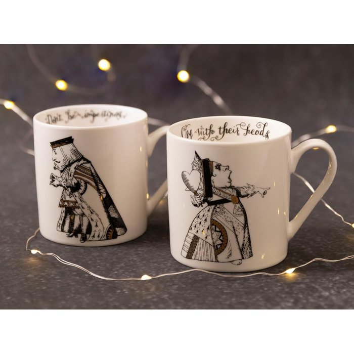 V&A Alice in Wonderland Mug Set in Gift Box, King and Queen of Hearts, Fine Porcelain, 350 ml, 2 Pieces, White/Black/Gold C00047