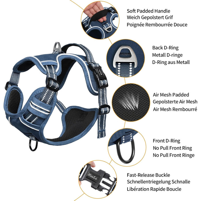 Шлейка для собак HEELE з розподілом навантаження, світловідбиваюча, з м'якою ручкою, контроль, 2 металеві кільця, для собак маленьких, середніх та великих порід, Aree, Зелена, C-Aree Grün (L, Uni-Königsblau)