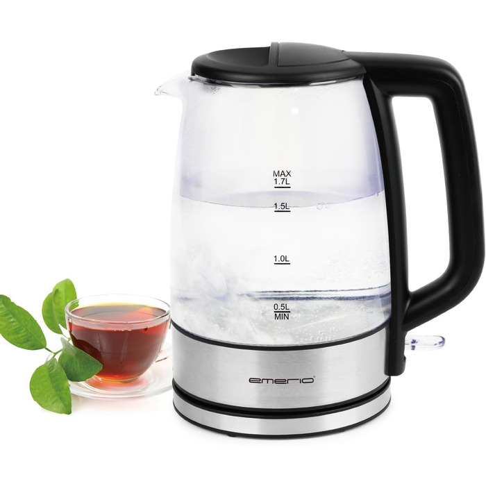 Електричний чайник EMERIO з об'ємом 1.7 л, синя LED-підсвітка, 360° підставка, скло Borosilikat, без BPA | WK-119988.7