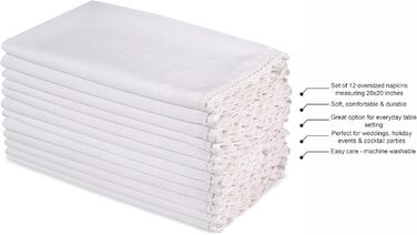 Household Linen Napkins, 20 x 20 inches, Linen, Cotton, Washable and Reusable, Lace Table Napkins for Hotel, Spring, Easter, Weddings and Parties, Very Absorbent, White, 12