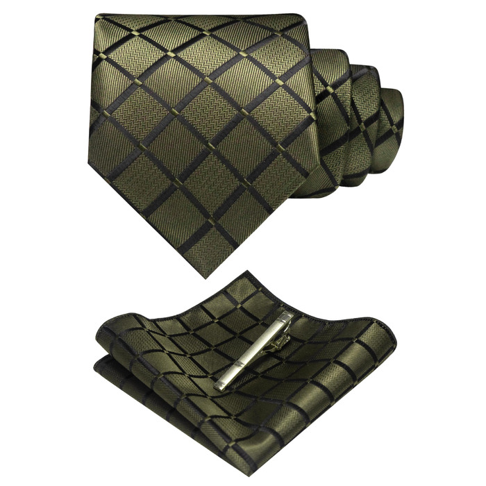 Чоловіча краватка та хустинка JEMYGINS для весілля в клітку, зажим для краватки, однотонний оливковий