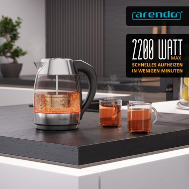 Електричний чайник Arendo зі скляною колбою, регулюванням температури, нержавіючою сталлю, LED-підсвічуванням, 2200 Вт, 1.8 л, 2 кришки (з та без сита для чаю), фільтр від накипу, функція підтримки тепла