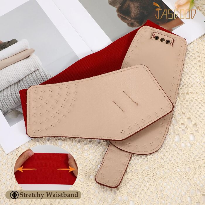 Жіночий вінтажний широкий еластичний пояс JASGOOD з пряжками, стрейч-пояс для карнавалу та косплею, 95 см (для розміру талії 93-104 см) (Бордовий, 65 см: для розміру талії 58-68 см)