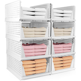 Diealles Stackable Drawer Boxes, 4 Pack Closet Organizer Pull Out, Plastic Drawer Insert Closet, Foldable Closet Drawers for Clothes Closet Pantry (White) (8 Pack White)
