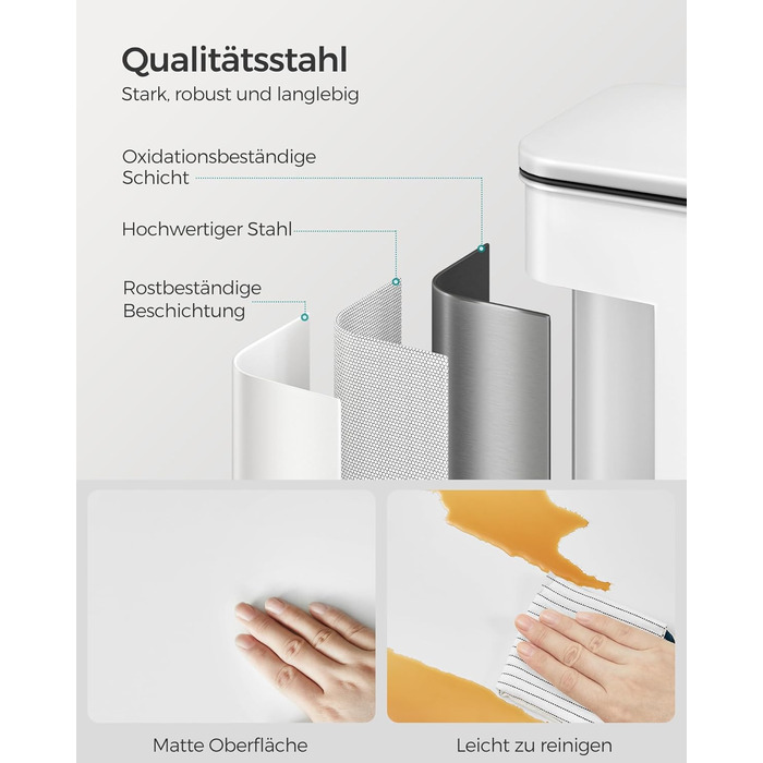 Сміттєве відро SONGMICS 40 л з педаллю, сталеве, з м'яким закриттям, 15 мішків, LTB540A02 (біле)