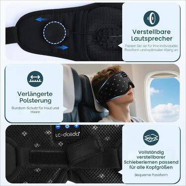 Маска для сну з навушниками Bluetooth 5.4 Dolida, 3D комфорт, чорна - для сну, подорожей, йоги, медитації