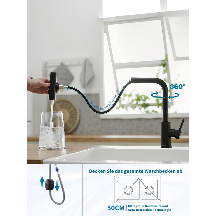 Чорний кухонний змішувач водопровідний з висувною лійкою та душем, 360° обертання, одноlever, матовий чорний