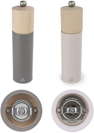 PEUGEOT - Duo Boreal 21 cm Pepper Grinder + Salt Grinder - Stainless Steel Funnel - Classic Setting - PEFC Certified Beechwood - French Know-How - Grey Rock & Pale Pink