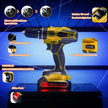 Акумуляторний шуруповерт 21V з акумулятором 4000mAh, 45Nm, 25+3 положення, 2 швидкості, LED, 2 акумулятори 2.0Ah, зарядний пристрій, для дому та саду, DIY проєкти (жовтий)