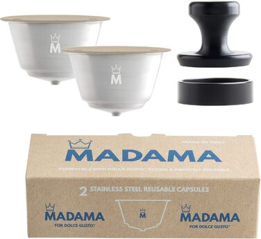 Madam - Refillable and reusable capsule, compatible with Dolce Gusto. Stainless steel and food-grade silicone. 100% Made in Italy. Pack of 2 coffee pads