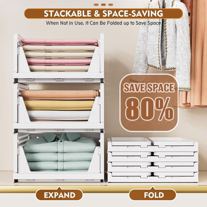 SNSLXH 5 Pack Stackable Closet Shelf Organizer, Multifunctional & Foldable Closet Organizer for Bathroom, Kitchen, Closet Storage, Space-Saving Closet Drawer Storage Box, White