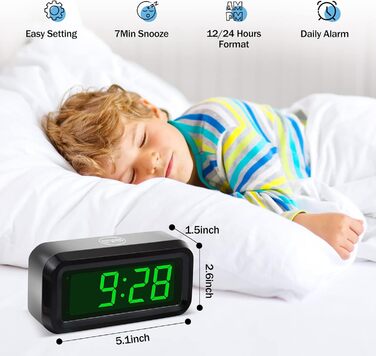 Цифровий годинник-будильник Timegyro з LED-дисплеєм, портативний для подорожей, настільний, з регулюванням яскравості, великий LED-дисплей 1.2' для спальні, вітальні, чорно-зелений