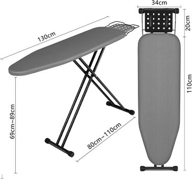 Aoufottes Folding Ironing Board, Ironing Board, Robust Steam Ironing Board with Iron Rest, with Non-Slip Feet, Stable Frame, Table Ironing Board with Adjustable Height, Ironing area 110x34cm