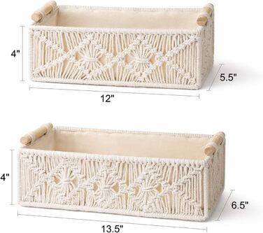 Macrame Hand Storage Baskets Decorative Box Handmade Woven Desktop Vanity Organizer Shelf Closet Organizer, Boho, for Bedroom, Kids' Room, Living Room, Set of 2, Ivory