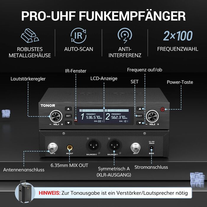 TONOR TW750 Бездротовий мікрофон UHF з регулюванням, 2 шт., 100м радіус дії, світлодіодний індикатор, автосканування, для караоке, церкви, вечірок