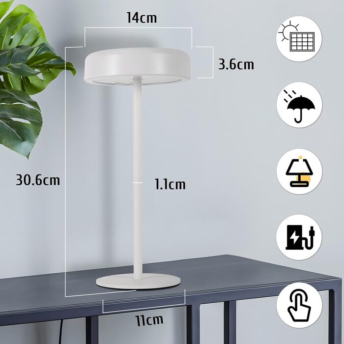 Настільна лампа на сонячній батареї з акумулятором LED, 2 шт. - Бездротова, з димером, сенсорна, біла, для дому та вулиці (IP44)
