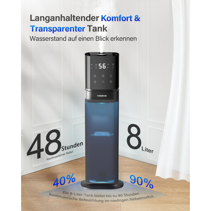 Зволожувач повітря YOKEKON для дому: ультразвуковий, 8L, тихий, для великих приміщень, синій