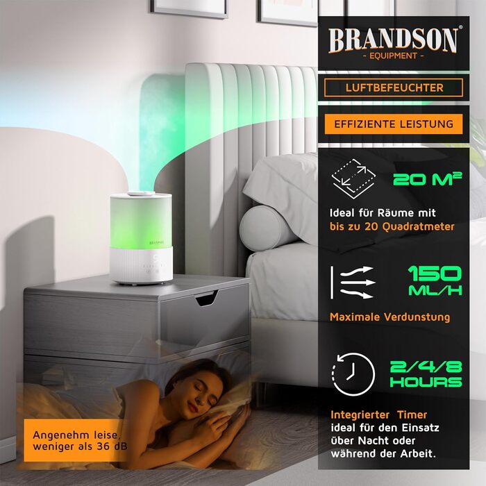 Зволожувач повітря Brandson з дисплеєм, 2.5 л, 3 режими, регулювання вологості, тихий, LED-підсвітка, таймер, режим сну, для вітальні та спальні