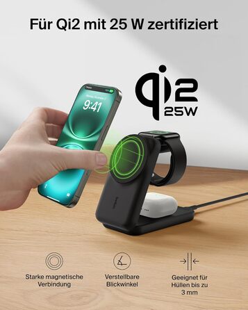 Зарядний станція Belkin UltraCharge 3 в 1 з Qi2.2, 25W, сумісна з MagSafe, для iPhone, AirPods, Apple Watch, Pixel, з адаптером 45W - Чорний