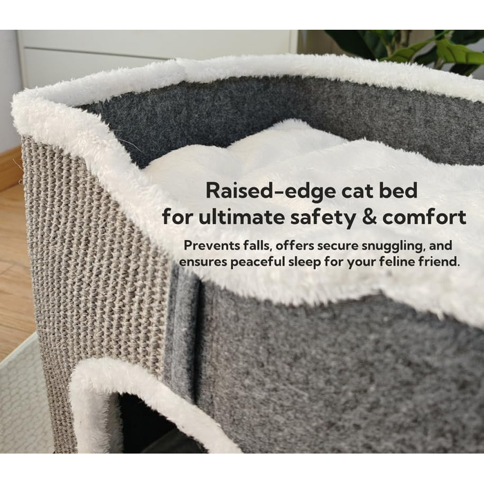 Spindro Cat Cave Cat Bed Large, Cat House Indoor Cat Sleeping Place with Removable Sherpa Cat Cushion and Hanging Toy, Cat Bed, Light Grey 42x42x33cm (4 level (42cmx32cmx84cm), Grey)