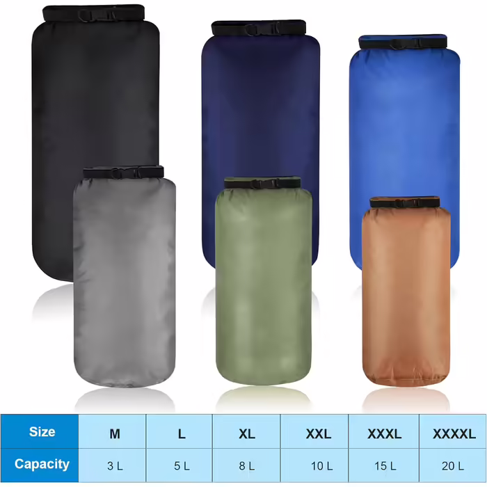 6-Piece Waterproof Dry Bag Set - Dry Sack Lightweight Airtight Pack Sack Set 20L 15L 10L 8L 5L 3L Dry Bag and Long Adjustable Shoulder Strap for Kayaking