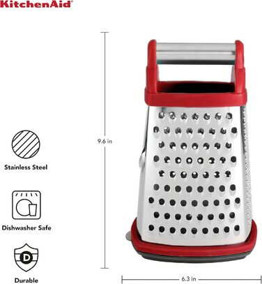 KitchenAid KN300OSERA Gourmet 4-Sided Stainless Steel Box Grater for Fine, Medium, and Coarse Shreds and Slices, Removable 3-Cup Storage Container and Measuring Marks, Dishwasher Safe, Empire