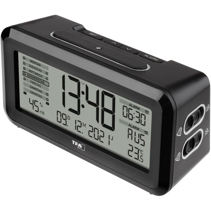 TFA Dostmann Digital Radio Alarm Clock BOXX2, 60.2562.01, German display, 2 alarm times, room climate monitoring, with weekday, with battery, black, (L) 138 x (W) 52 x (H) 72 mm