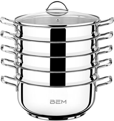 Набір для приготування на пару BEM: 6 предметів з нержавіючої сталі 18/10, діаметр 26 см. Російська мантоварка з вставкою для пари та скляною кришкою, каструля для приготування на пару, набір для приготування на пару. НЕ для індукційних плит.