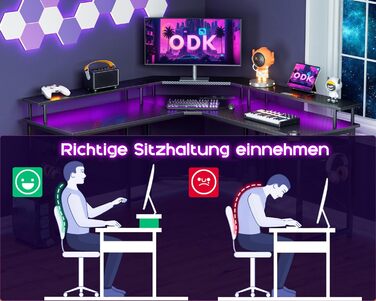 Ігровий стіл ODK 129x129 см з LED підсвіткою, розетками і USB, комп'ютерний стіл з великою полицею для монітора, карбон, чорний