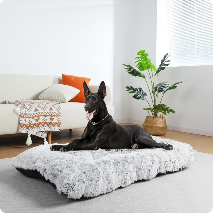 Dog Bed, Fluffy Dog Mats, Longer Plush Dog Cushion, Washable, Non-Slip Bottom, 110 cm for Medium and Large Dogs (L 122 x W 74 x H 10 cm, Light Gray)