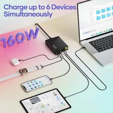 Зарядний пристрій USB-C 160W GaN 6 портів з LED дисплеєм, мережевий адаптер 3x USB-C + 3x USB-A, PPS PD 3.0 для MacBook Pro, iPhone, iPad, Samsung