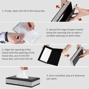 Rectangular tissue box – decorative tissue holder with sparkling crystal rhinestones and made from high-quality leather, perfect for car, office, home – Black