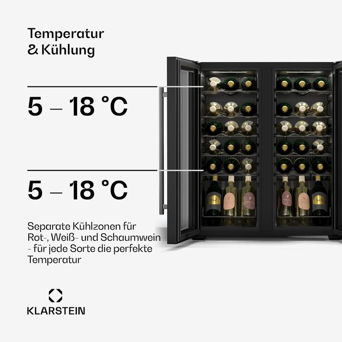 Klarstein Wine Fridge - 16 Bottle Dual Zone Wine Cooler with Glass Door - Compact Indoor/Outdoor Beverage Refrigerator - 5-18°C Temperature Range