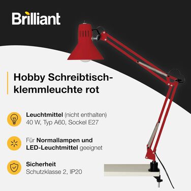 Настільна лампа на затискачі Brilliant Hobby, металева, патрон E27, до 40 Вт, червона